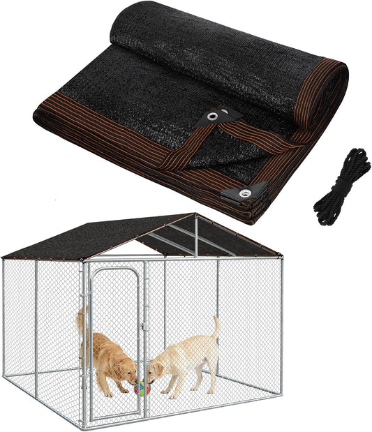 MEWTOGO High Density Dog Kennel Shade Cover front view showcasing the black mesh fabric covering an outdoor pet run.