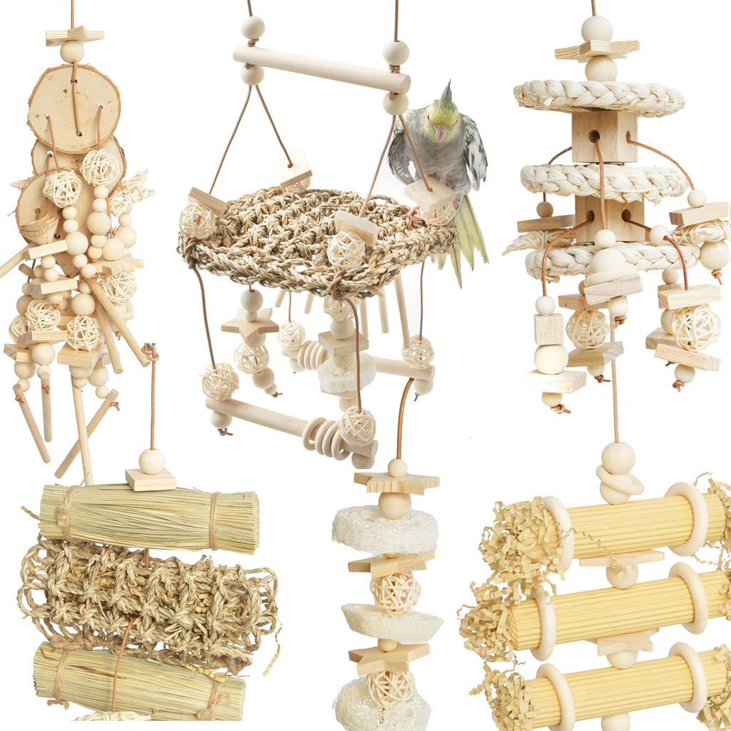 Natural material bird enrichment toy for cage setup.