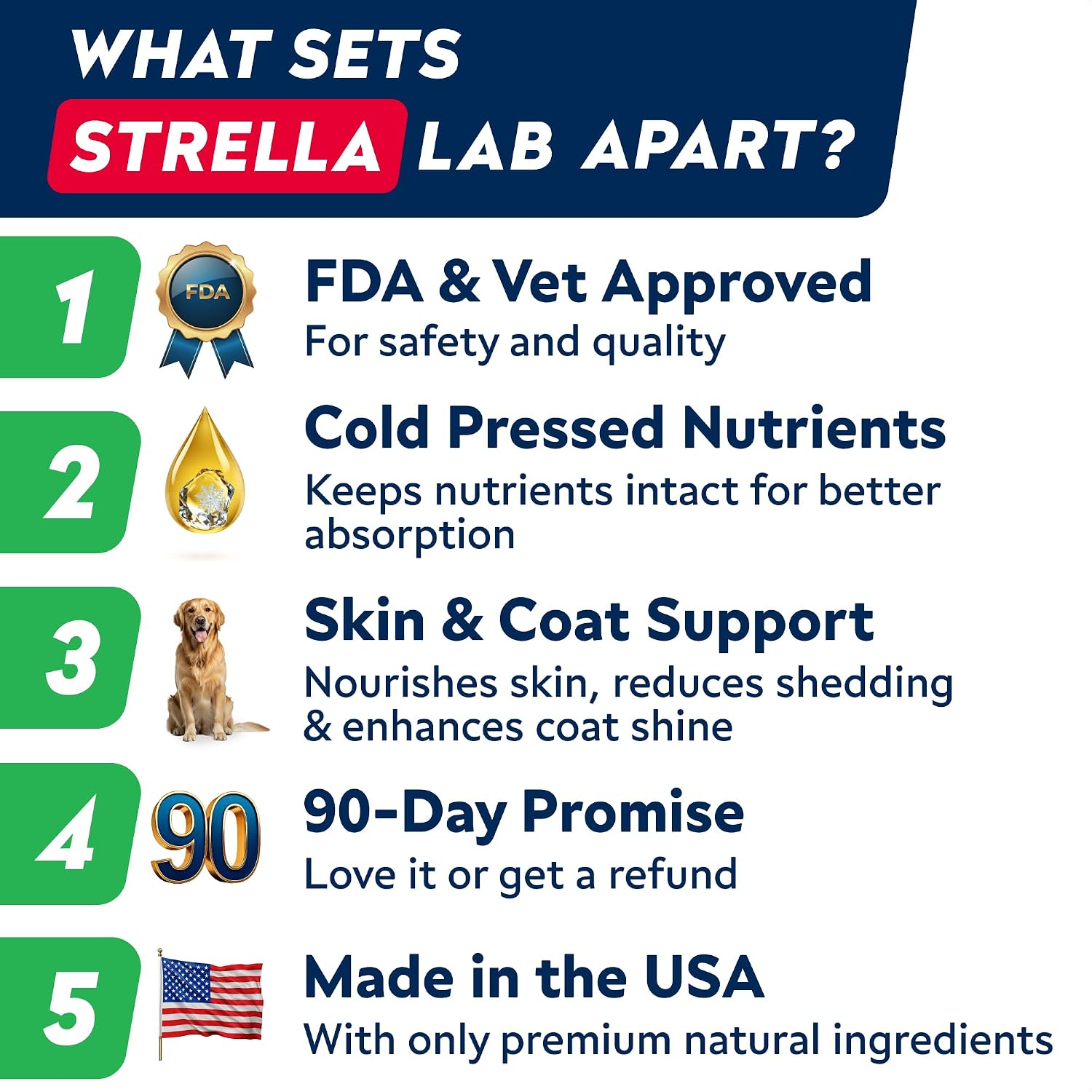 Authentic USA imported StrellaLab dog chews for dry itchy skin relief.