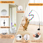 Enhanced heavy duty suction cup base mounted on a tiled floor holding a flexible cat teaser rod.