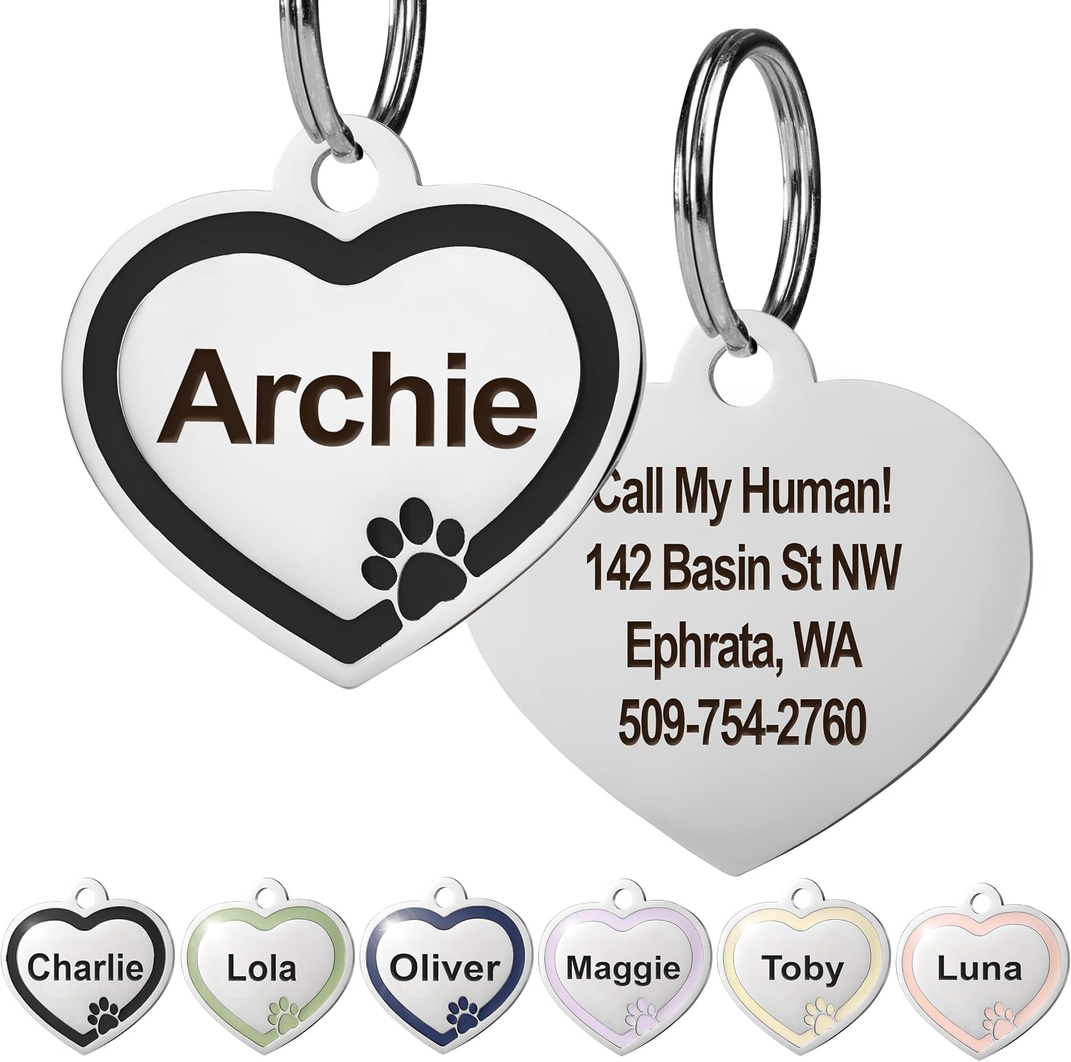 GoTags Stainless Steel Pet ID Bone Round and Heart Shaped Tags with Enamel Paw Design, Personalized Dog and Cat Tags, up to 5 Lines of Custom Text, Engraved on Both Sides (Sage, Regular Bone) - Image 10