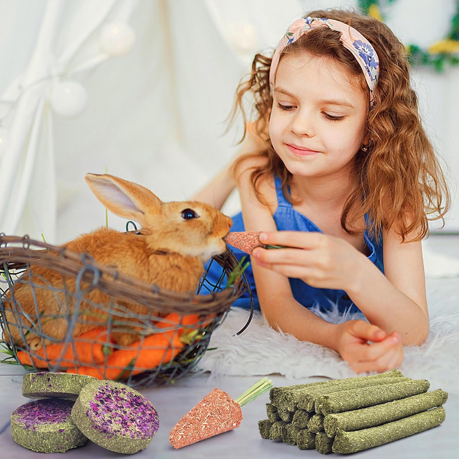 Small pet molar toys assortment including round disks and herbal hay sticks
