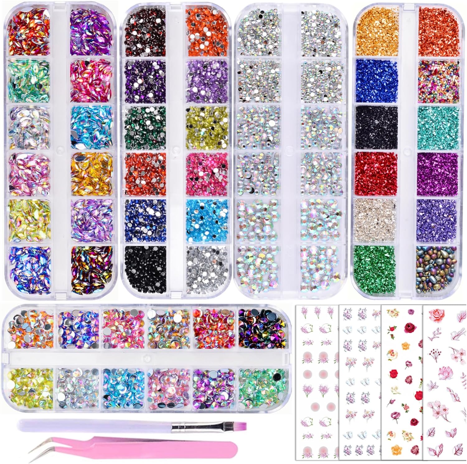 Edittime 3D metal punk studs nail art kit front view showcasing five organized boxes of colorful rhinestones.