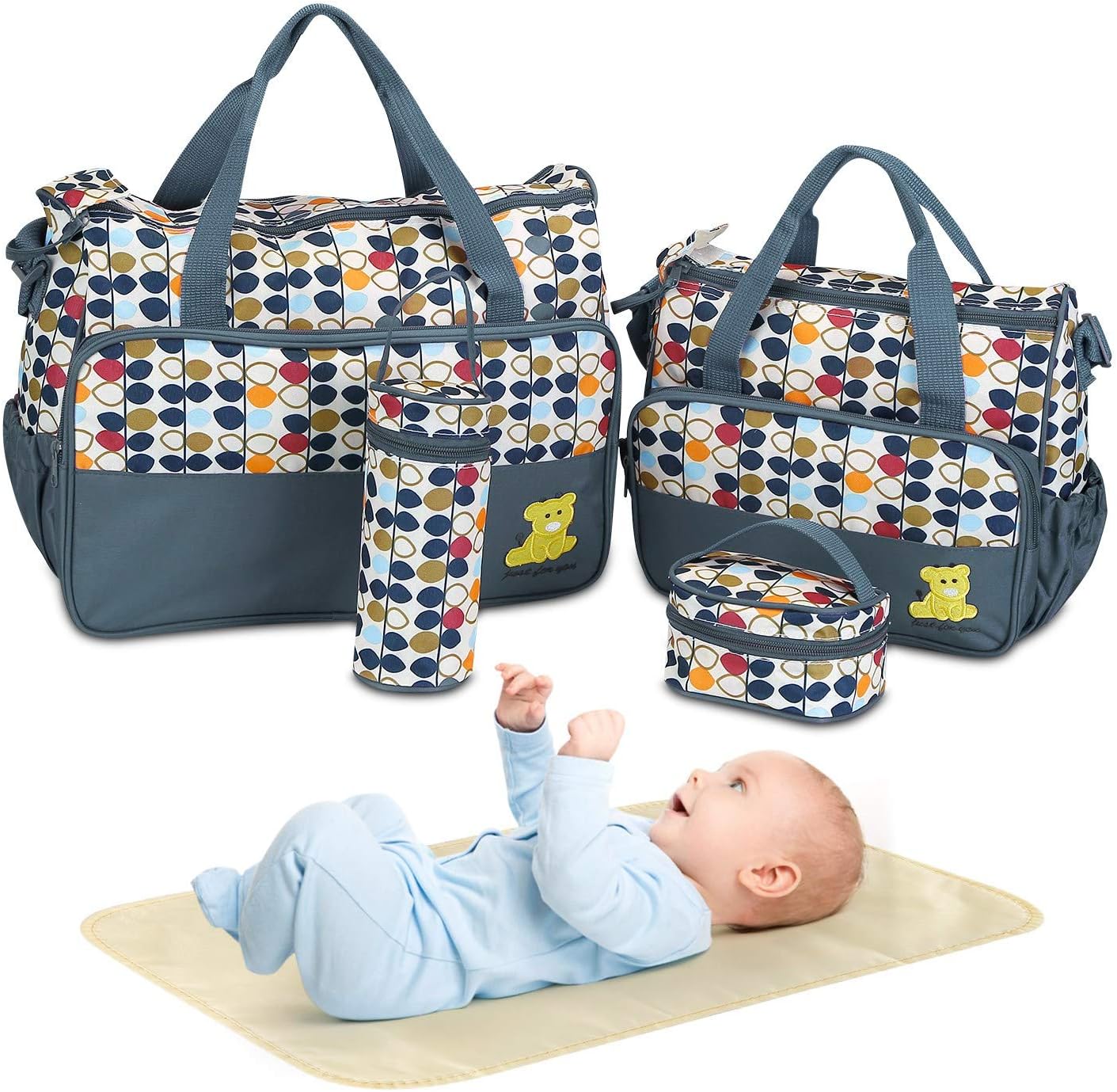Moclever 5 Piece Diaper Bag Tote Set front view of gray bags