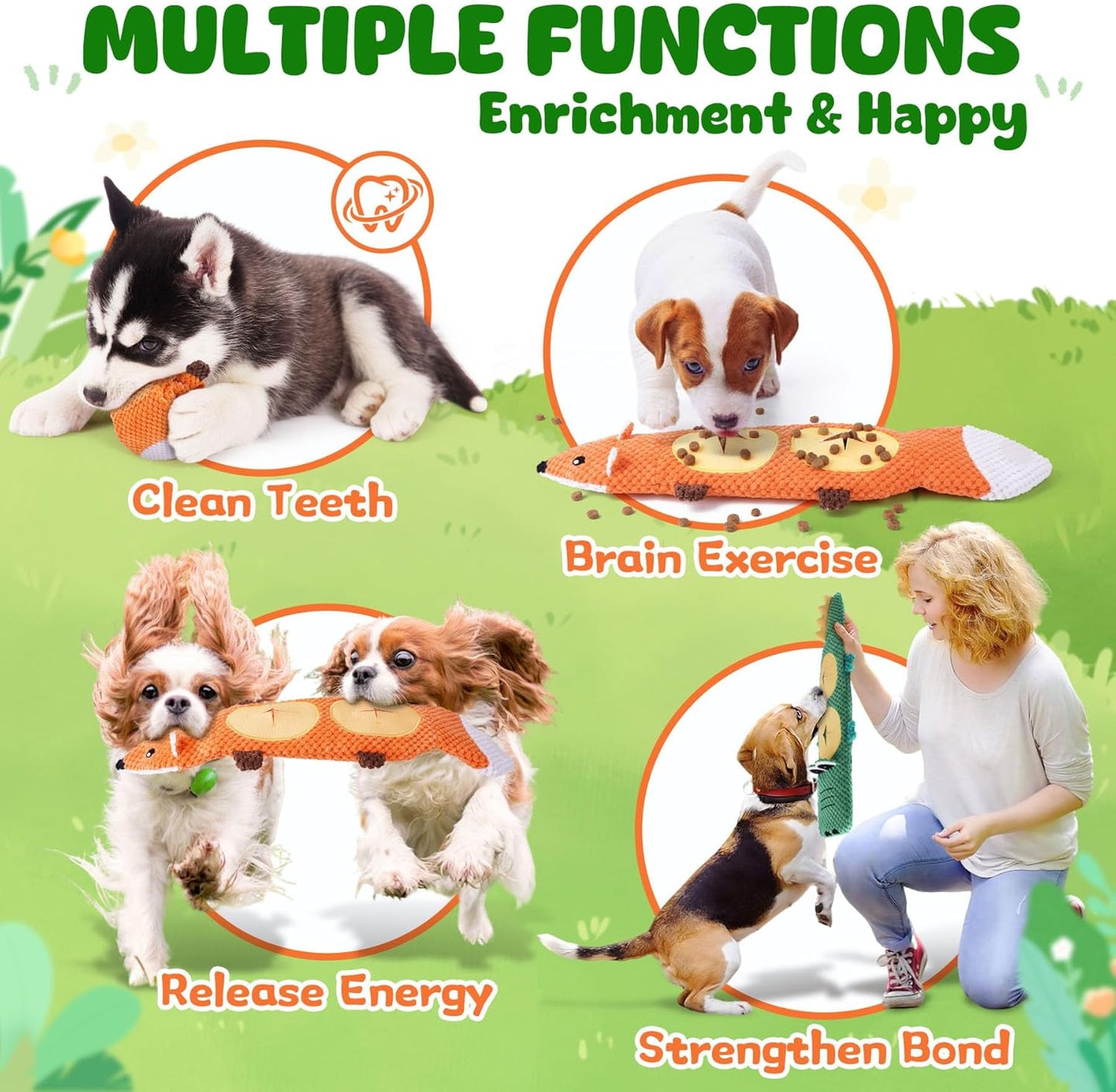Reinforced plush pet chew toy set close up view