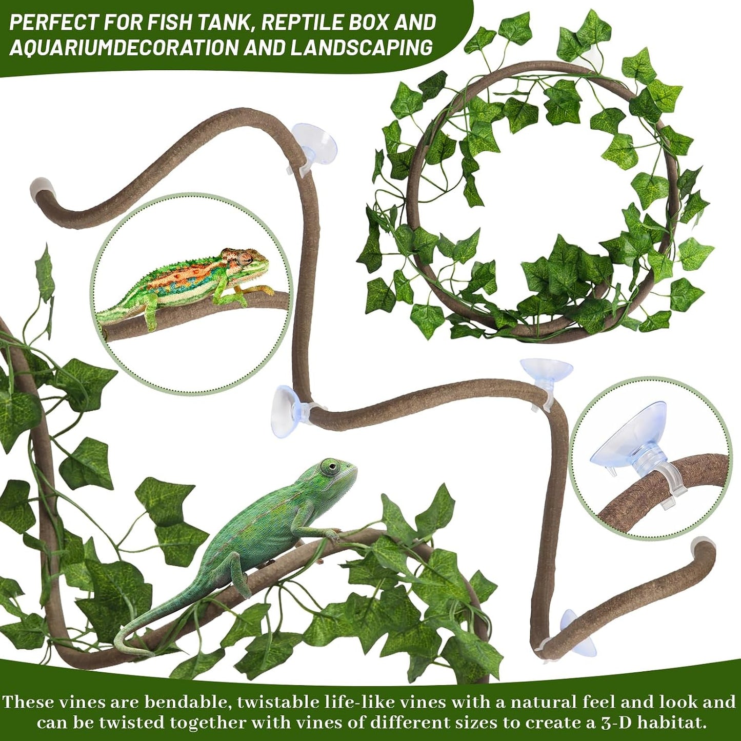 14Pcs Reptile Plants Bridge Vines Leopard Gecko Coconut Hut Crested Gecko Tank Accessories Lizard Coco Den with Ladder for Lizard, Chameleon Cage, Snakes, Hermit Crab - Image 4