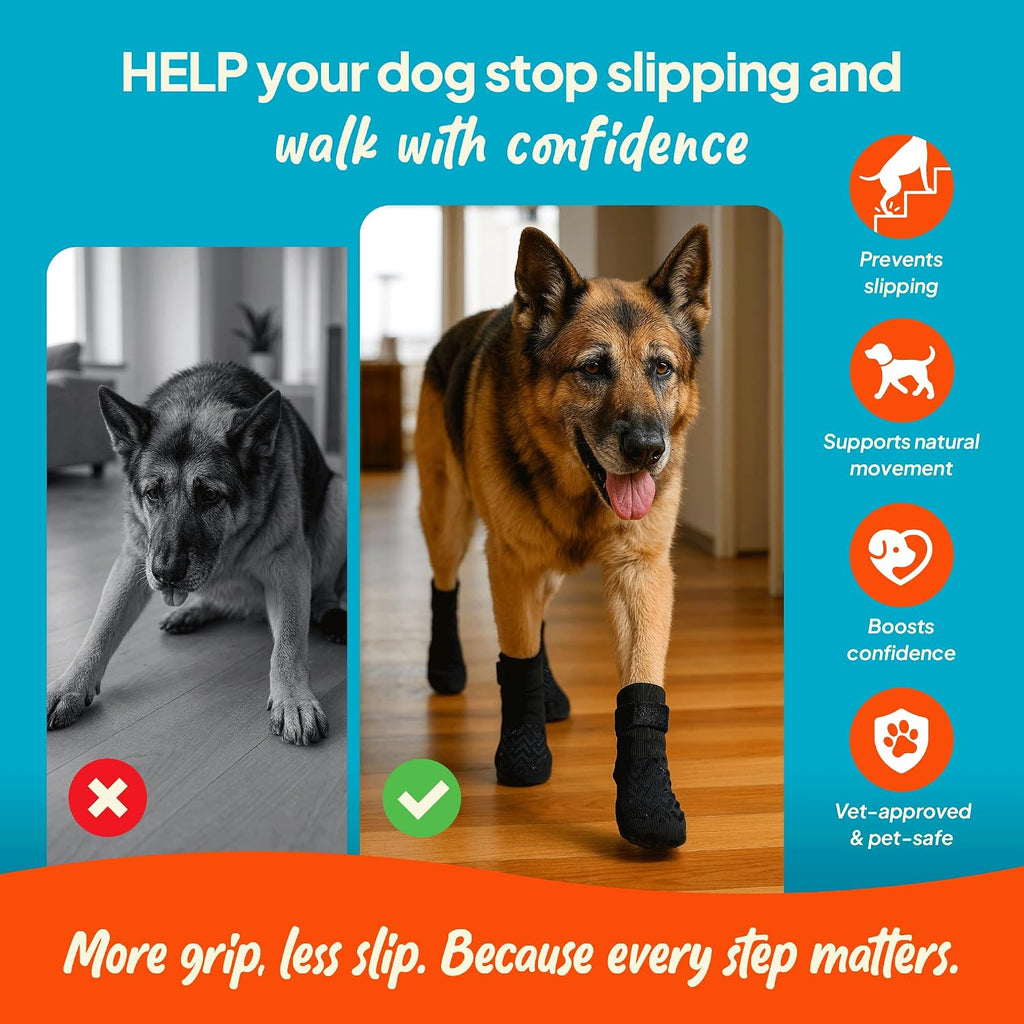 Steady Paws dog socks displaying the double-sided rubber grip pattern