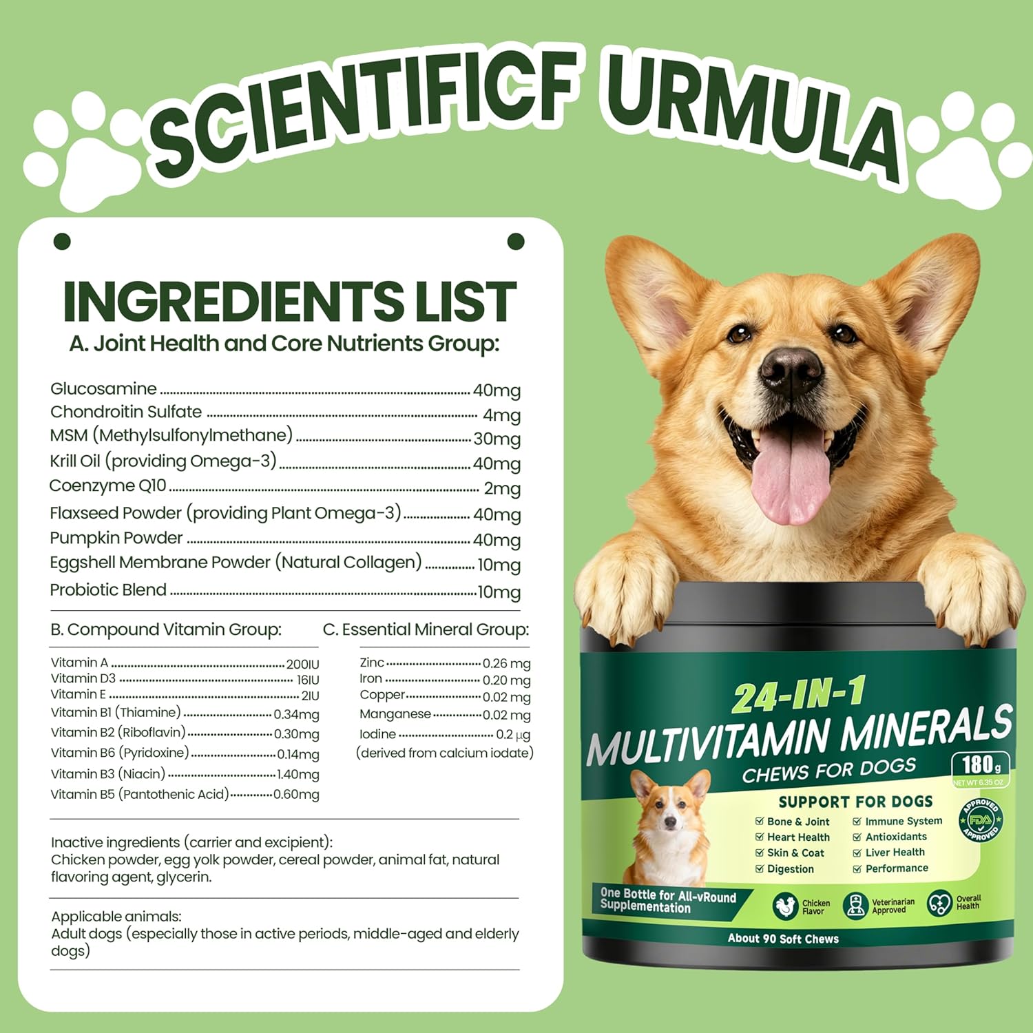 Eiza 24-in-1 canine vitamins container illustrating probiotics for dog digestive support