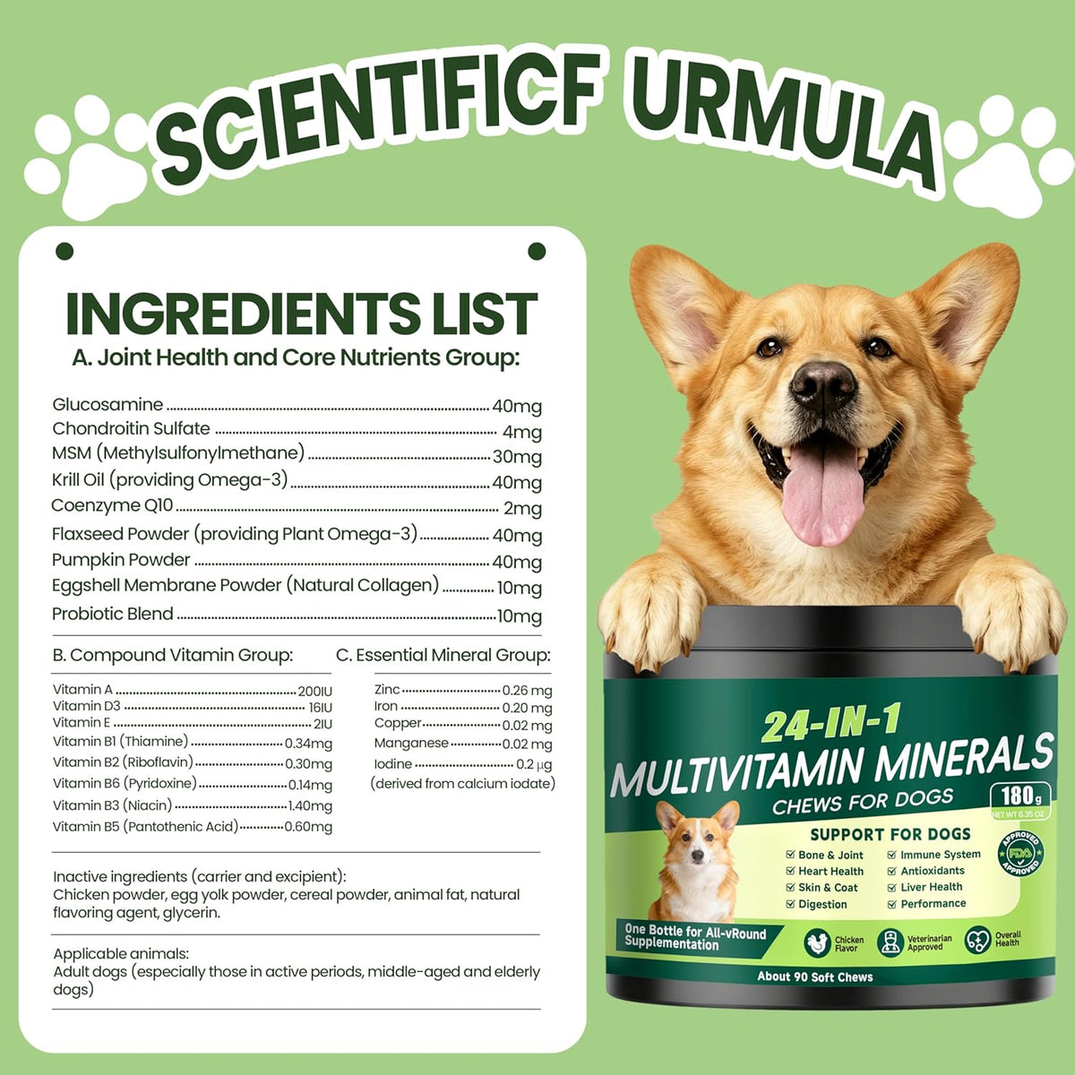Eiza 24-in-1 canine vitamins container illustrating probiotics for dog digestive support