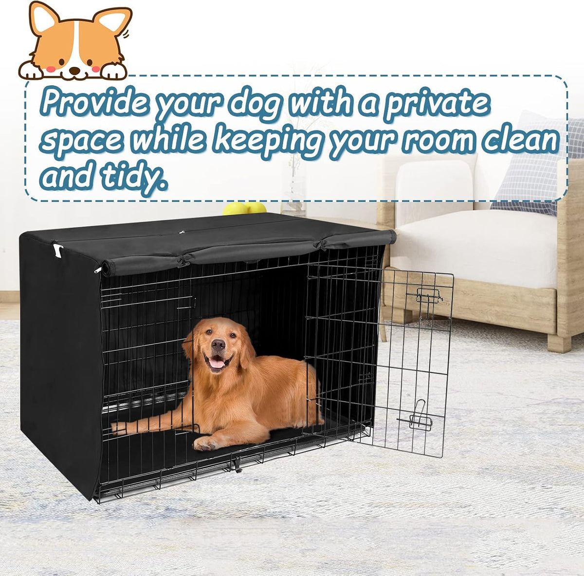 Deblue black indoor pet kennel cover setup in a clean living room