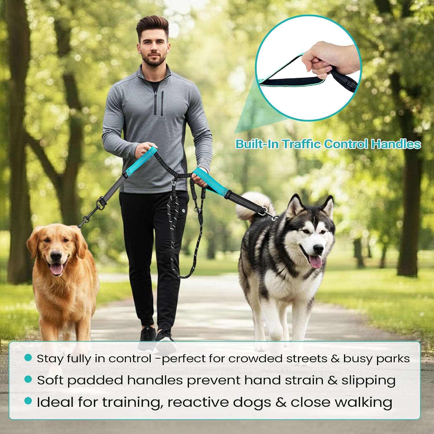 Reflective stitching details on the sea green nylon dual leash coupler