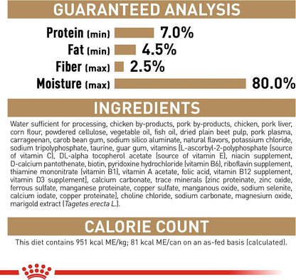 Six count case of Royal Canin adult breed specific wet pet food.