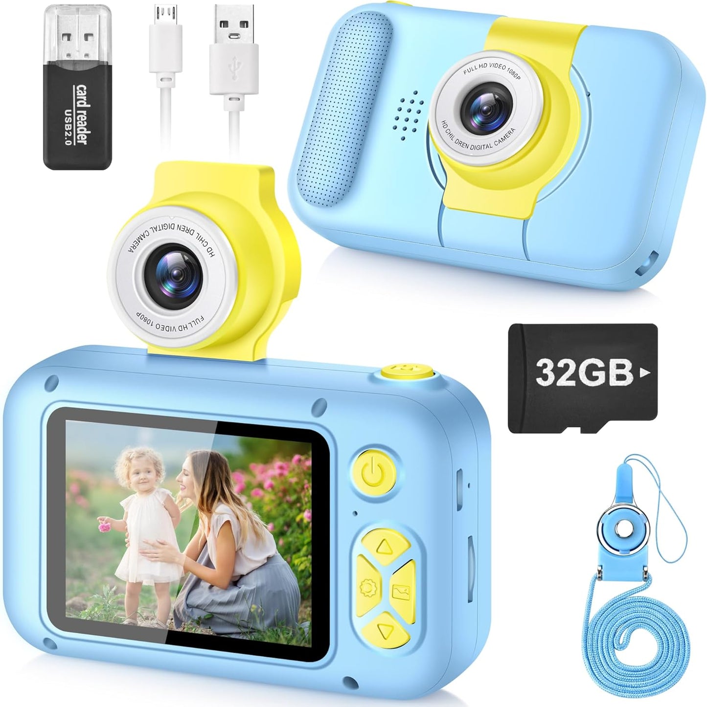 ARNSSIEN X101 kids digital toy camera blue front view highlighting the lens and screen