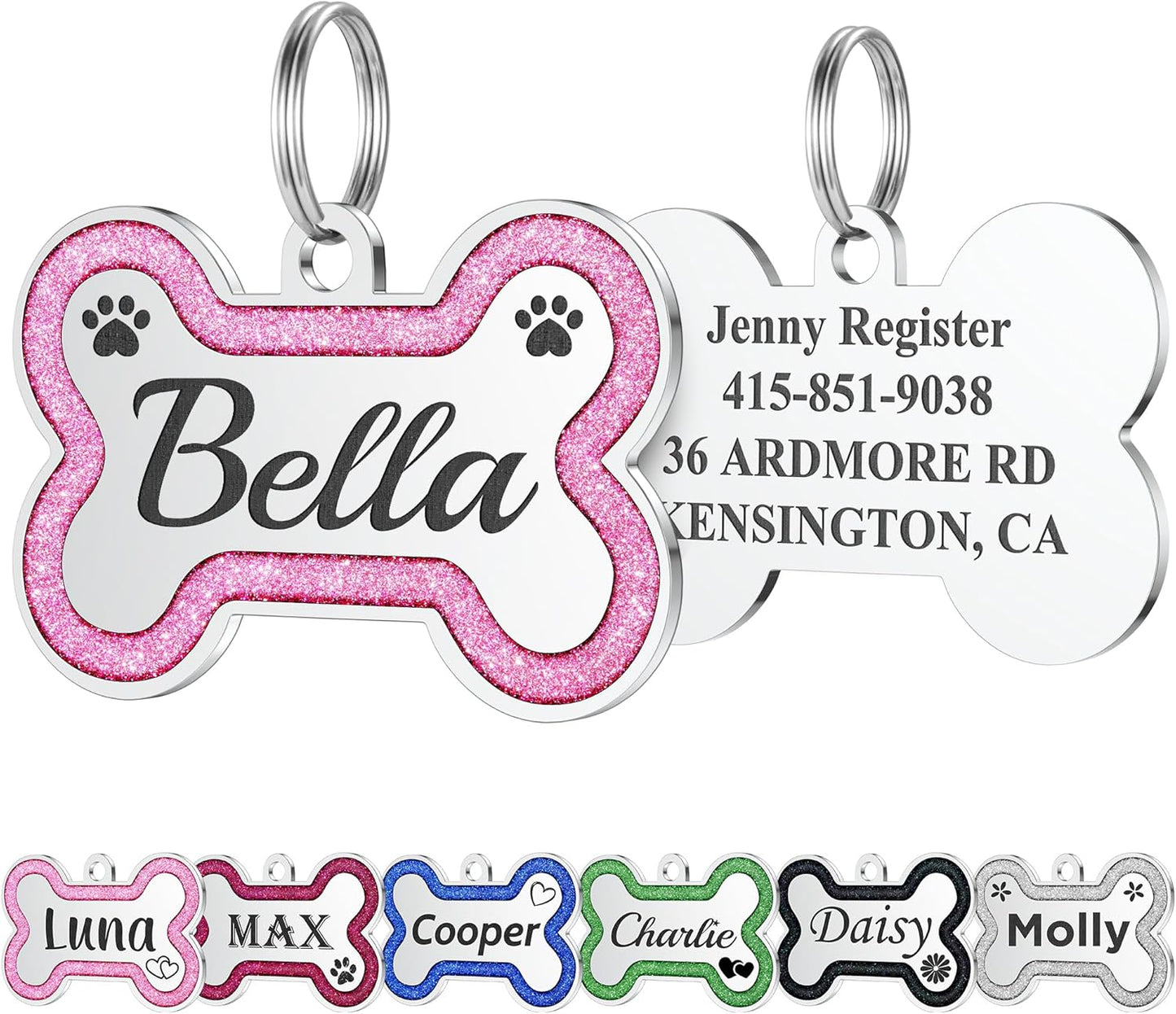 Stainless Steel Pet ID Tags in Glitter, Durable Dog Tags Engraved for Pets, Deep Engraved Personalized Dog Tags with Lovely 36 Icons, up to 5 Lines Custom Text Dog Name Tag (Small, Pink) - Image 13