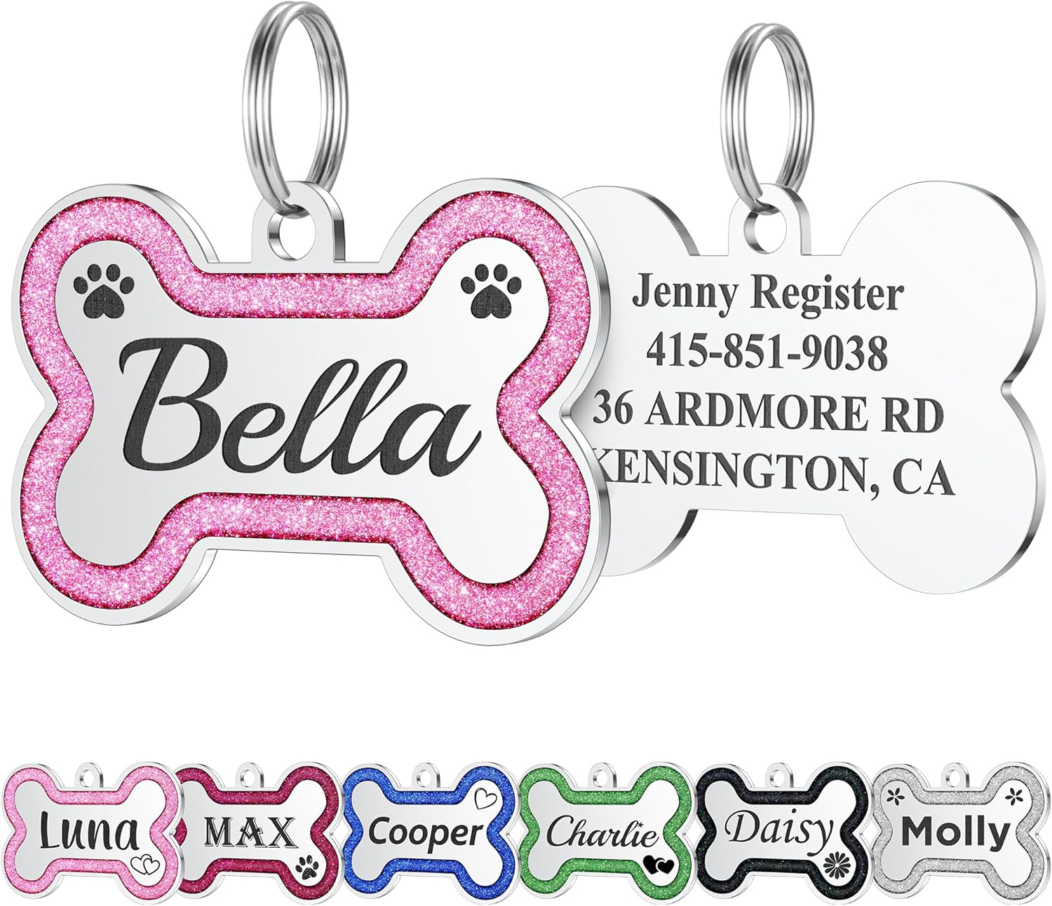 Stainless Steel Pet ID Tags in Glitter, Durable Dog Tags Engraved for Pets, Deep Engraved Personalized Dog Tags with Lovely 36 Icons, up to 5 Lines Custom Text Dog Name Tag (Small, Pink) - Image 13