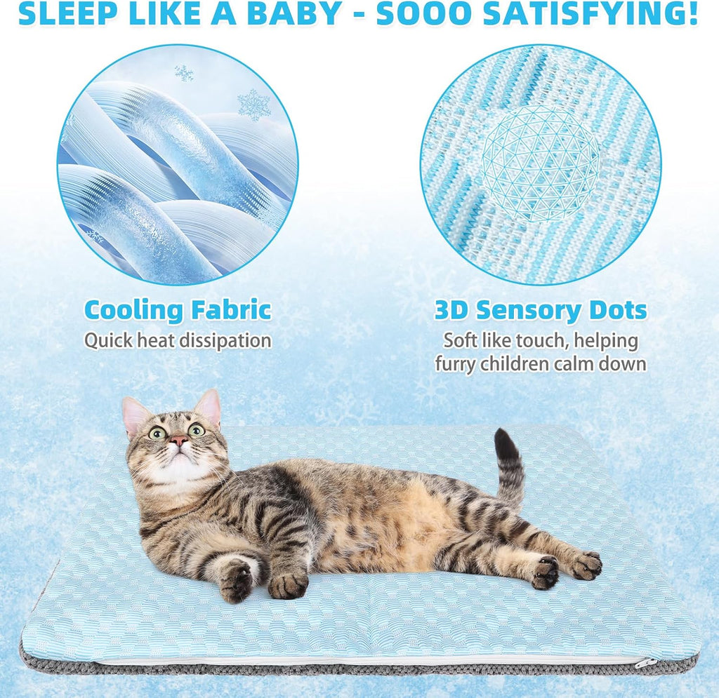 Cat resting comfortably on blue cooling pad in summer