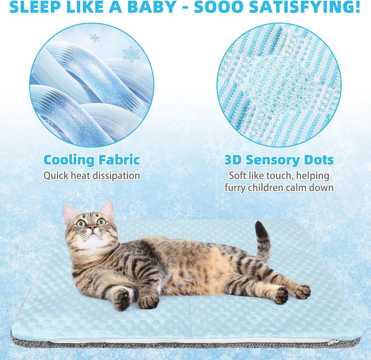 Cat resting comfortably on blue cooling pad in summer