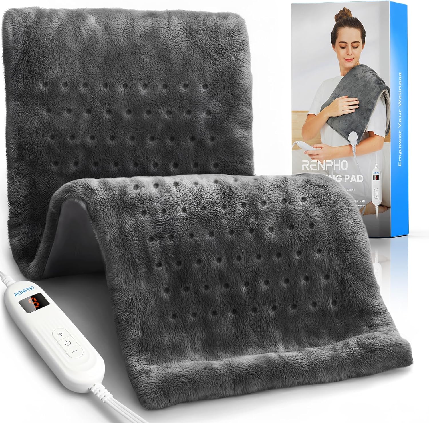 RENPHO electric heating pad front view in gray flannel fabric with digital controller
