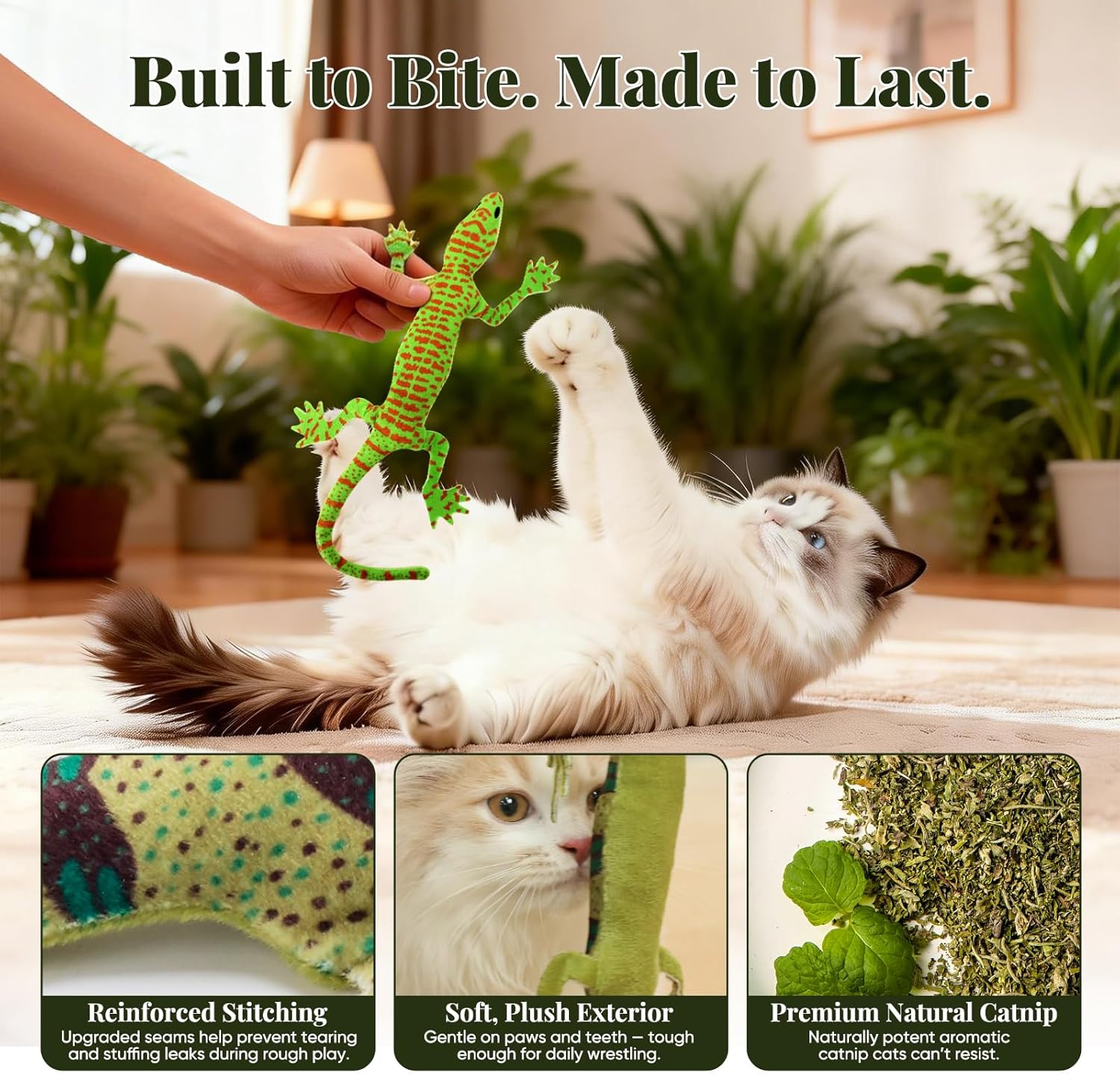 Four colorful lizard shaped catnip toys for cats