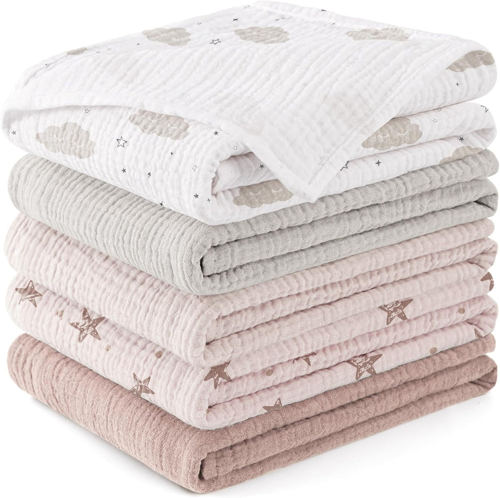 Susurration muslin burp cloths 5 pack front view showcase in pink star design.