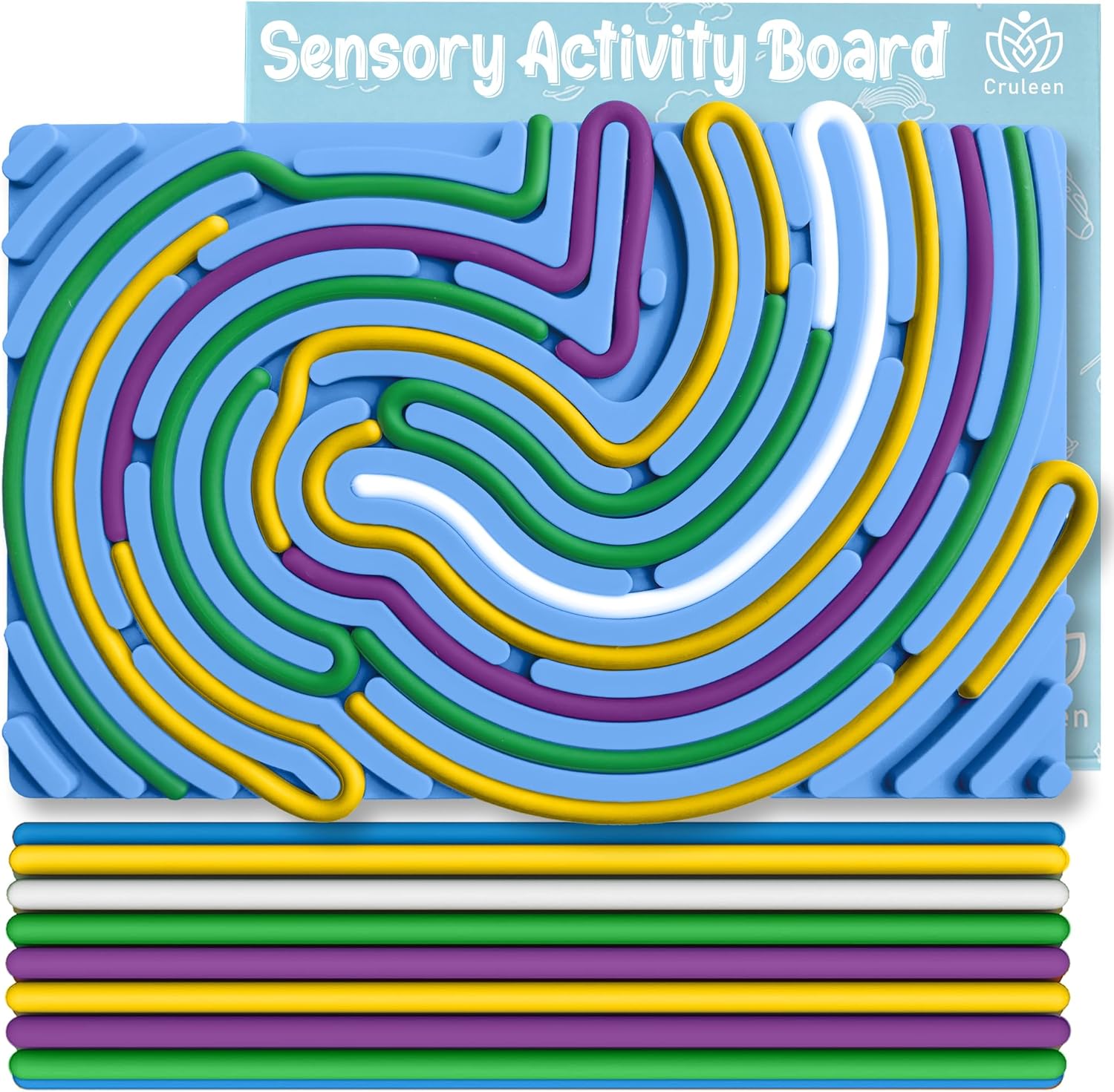 Cruleen Sensory Board for Kids front view showing silicone maze tracks and colorful strings.