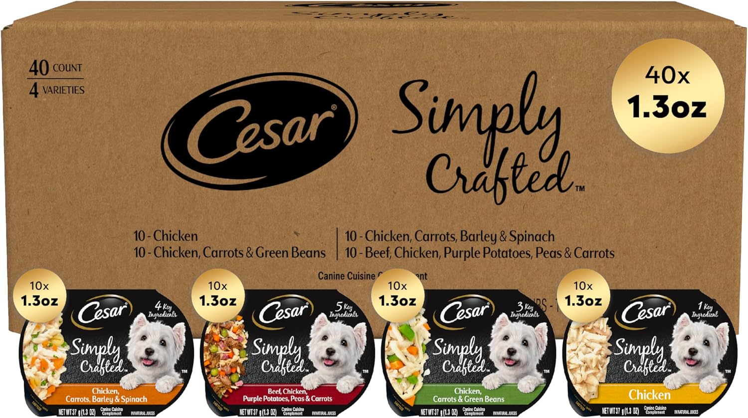 Cesar Simply Crafted Wet Dog Food Toppers for Dry Food, Chicken, Carrots & Green Beans and Beef, Chicken, Purple Potatoes, Peas & Carrots Meal Topper, 1.3 oz. Tub, 16 Count - Image 14
