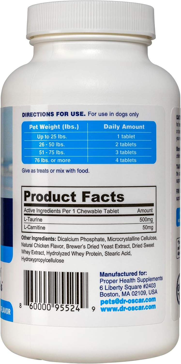 Dr Oscar canine heart health chewable tablets side label showing 500mg taurine and L-carnitine ingredients