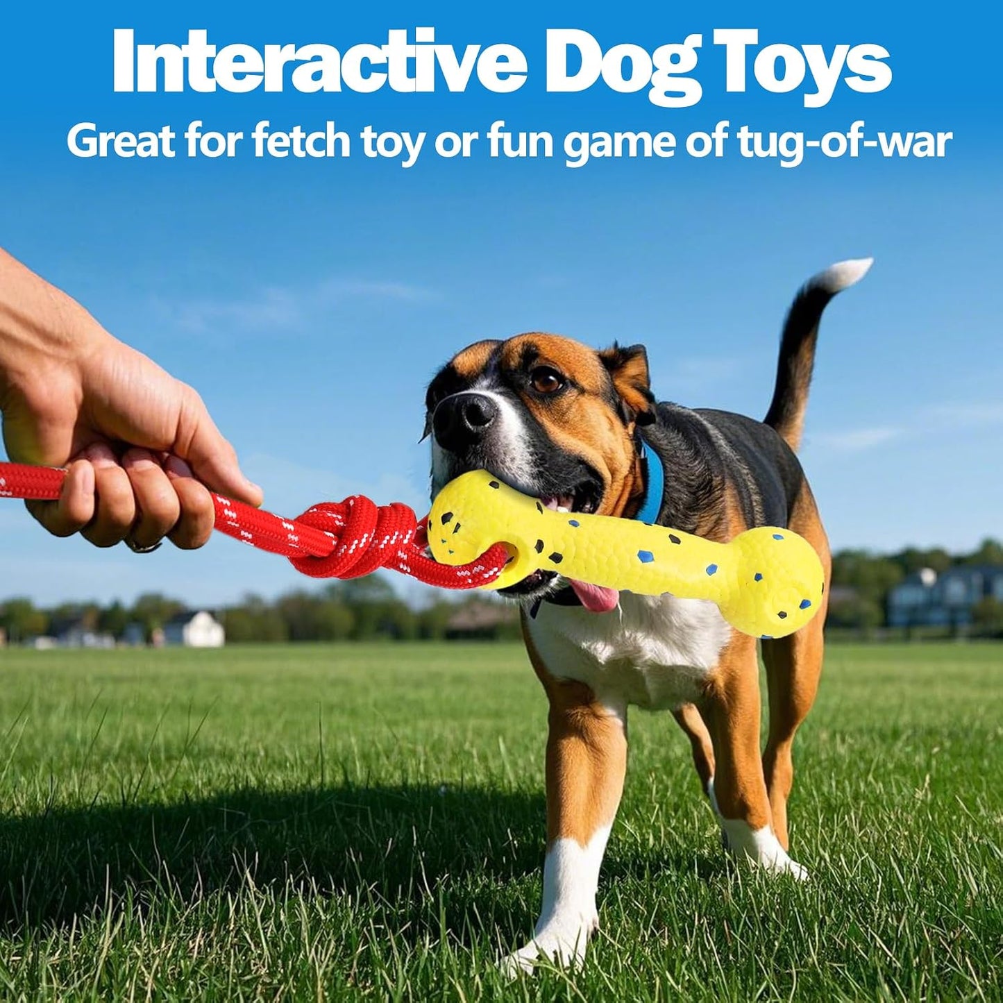 Close-up of heavy duty red braided rope handle on Mity Rain interactive dog toy for tug of war