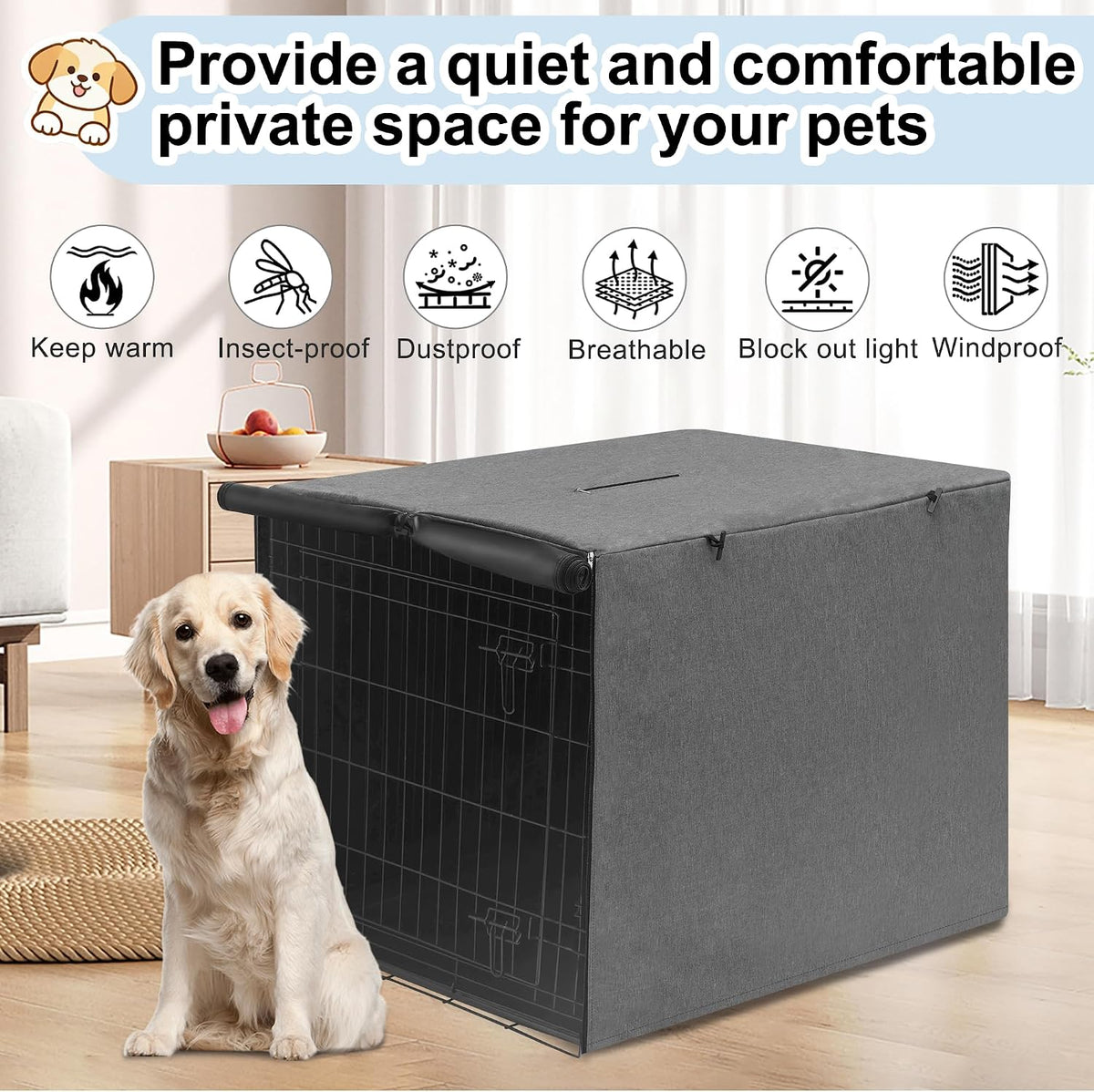 HiCaptain water resistant 600D dog crate cover protecting a pet crate indoors