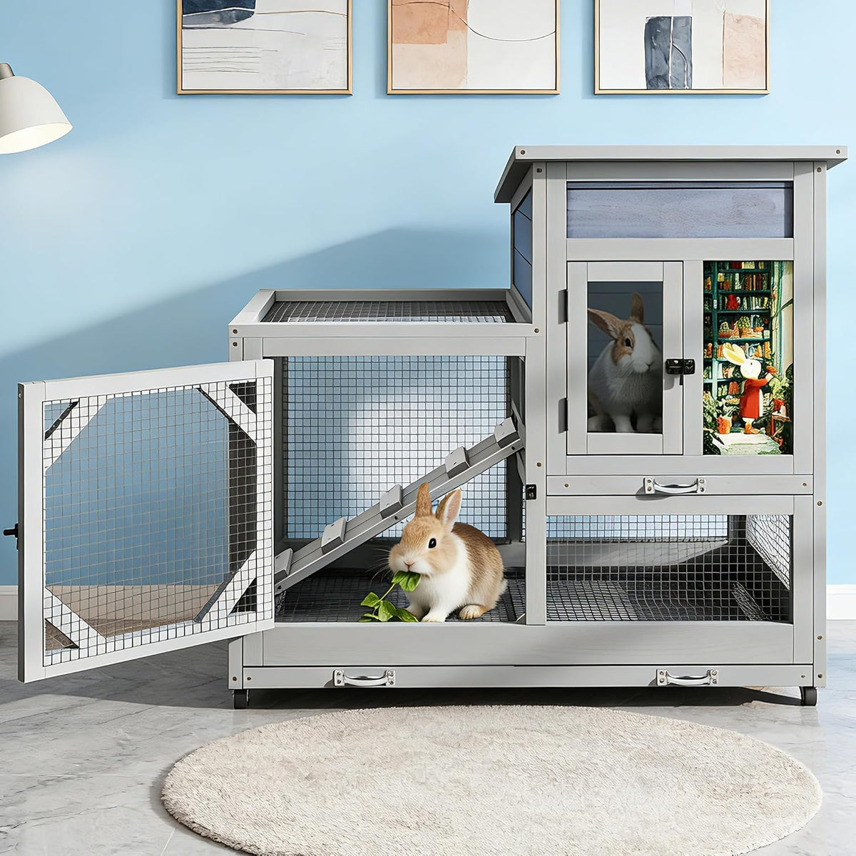 COZIWOW Rabbit Hutch Indoor Outdoor with No-Spill Design, 2 Wire Floors & Removable Trays, 2-Story Large Wooden Bunny Cage on Wheels, Chewproof Ramp for Multiple Small Animals, Gray - Image 1