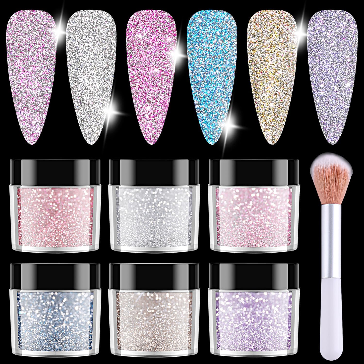 Furtherpretty reflective glitter for nails 6 color set front view