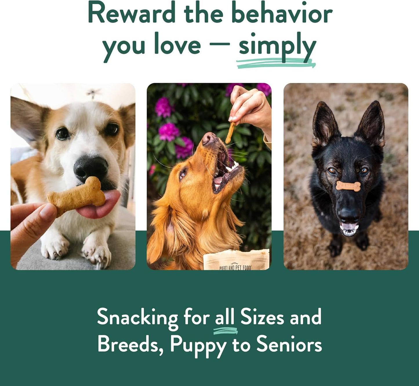 Portland Pet Food Company five ounce package highlighting healthy treats for all life stages.