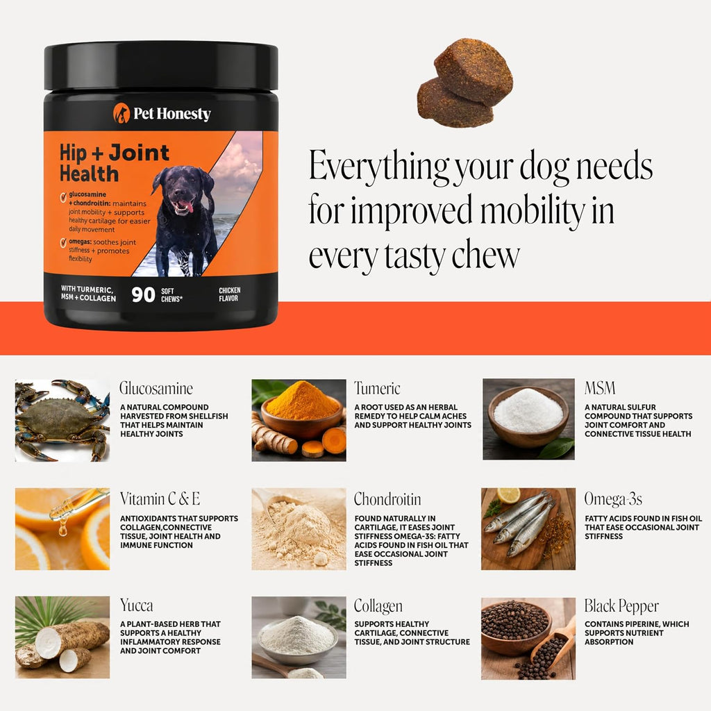 Pet Honesty dog soft chews back packaging with dosage instructions by dog weight