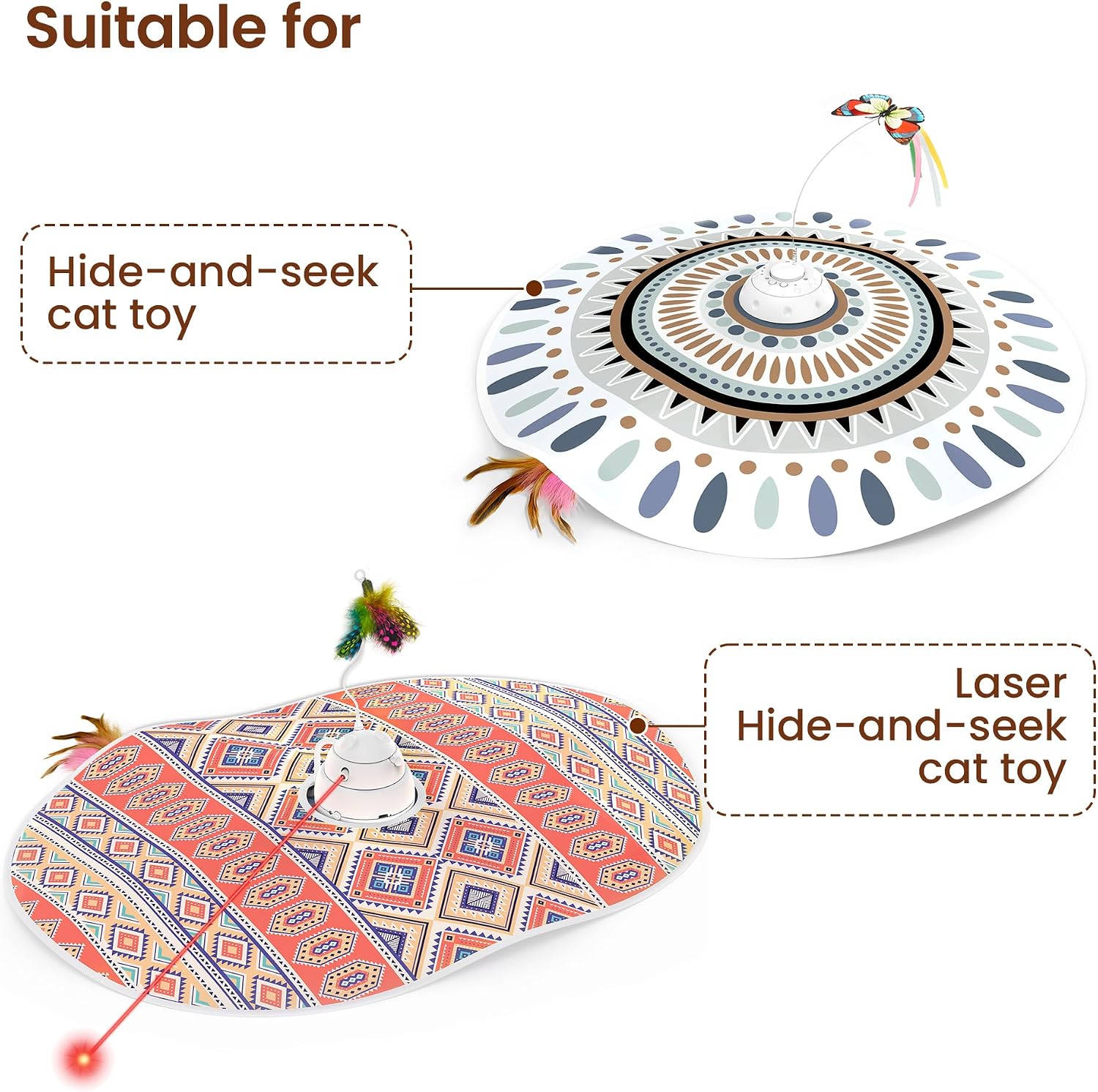Natural feather and tassel rabbit tail replacements for interactive indoor cat entertainment systems