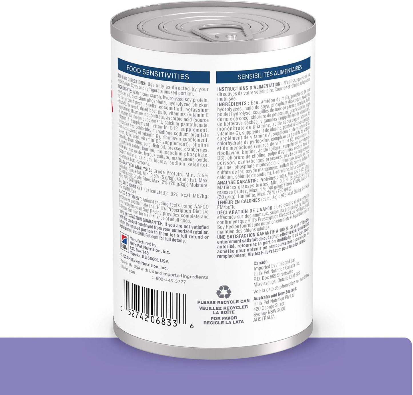 Hill's Prescription Diet z d Low Fat Hydrolyzed Soy Recipe therapeutic dog food can side view