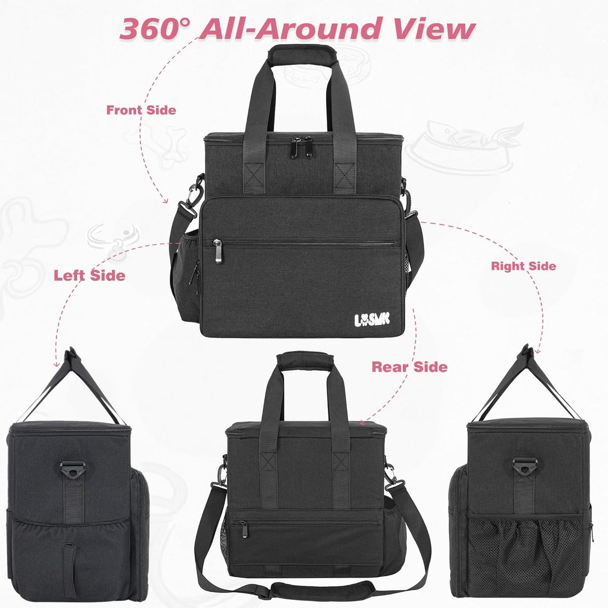 Close up view of the adjustable internal compartments and side pockets holding pet supplies and poop bags.