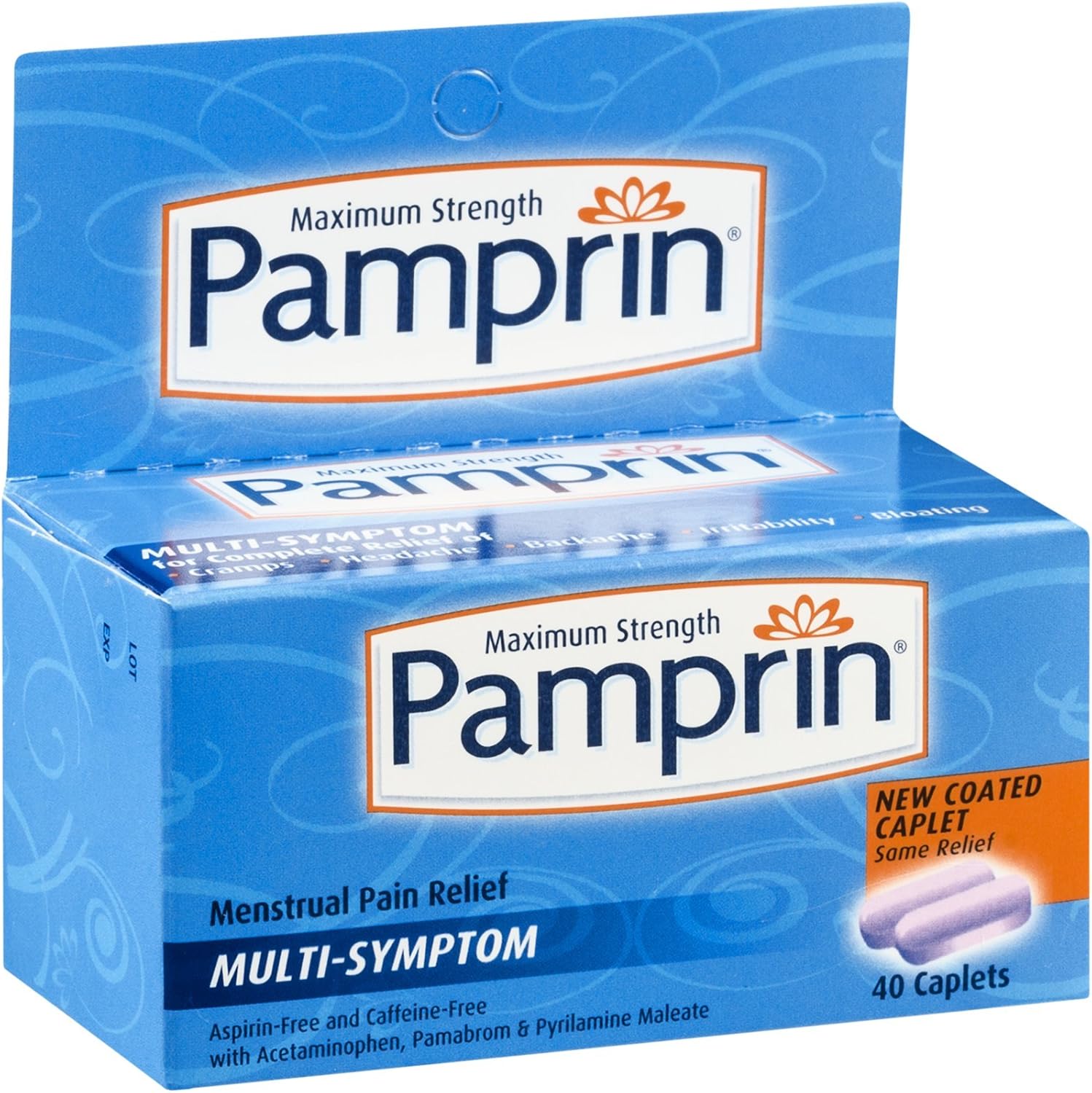 Pamprin Maximum Strength Multi-Symptom Menstrual Relief Tablets front view three pack for period symptom support