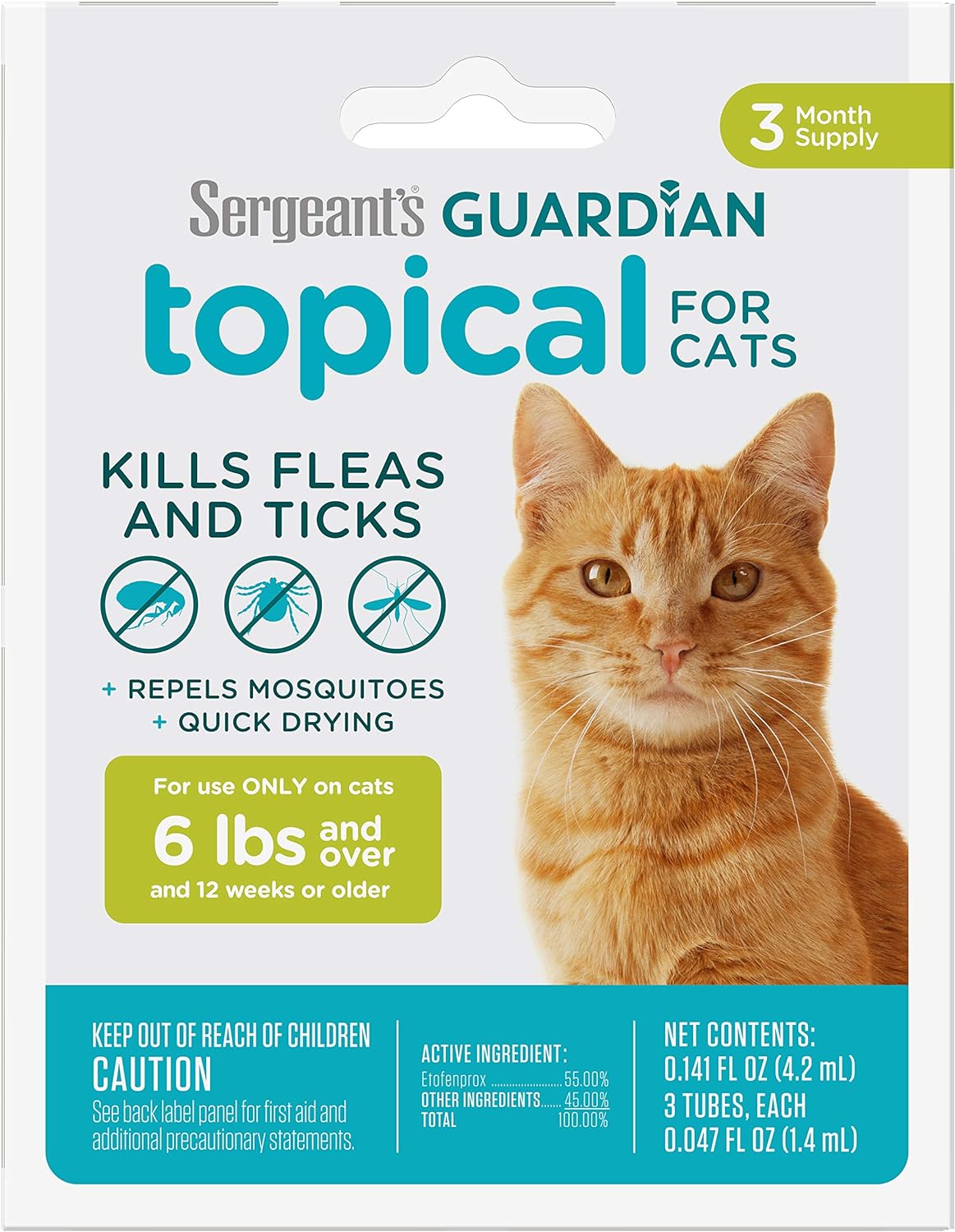 Sergeant's Guardian cat flea treatment package showing three monthly doses