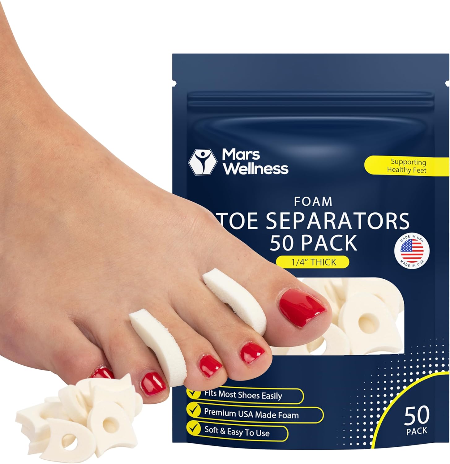 Mars Wellness premium foam toe separators 50 pack front view