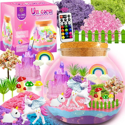 Swaitee Unicorn Terrarium Kit front view showcasing the completed magical miniature garden inside the jar.