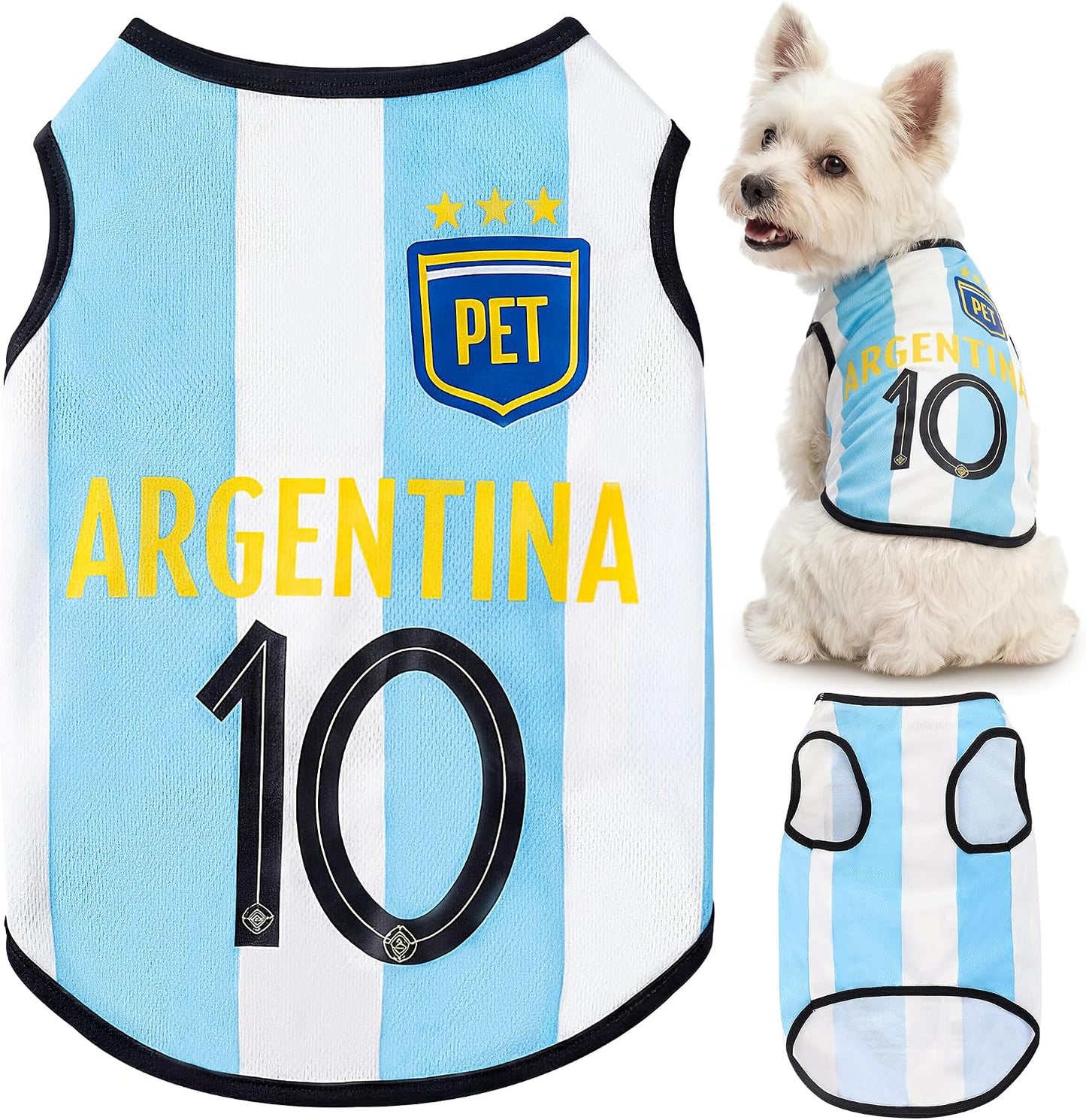 Velzvumi blue and white striped soccer jersey for small dogs front view