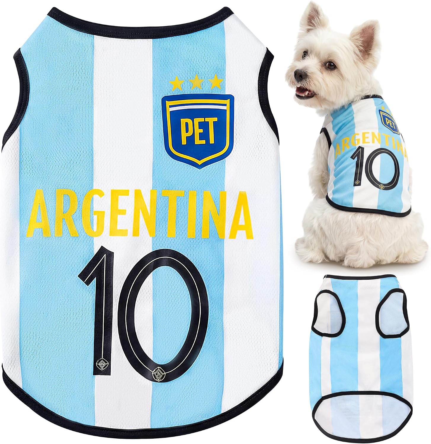 Velzvumi blue and white striped soccer jersey for small dogs front view