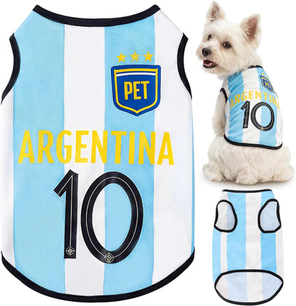 Velzvumi blue and white striped soccer jersey for small dogs front view