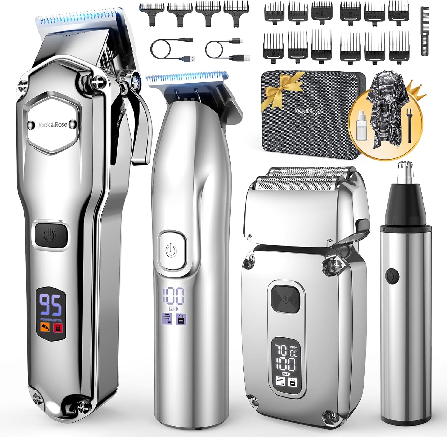 Jack and Rose hair clippers for men set front view showing metallic silver finish and digital display