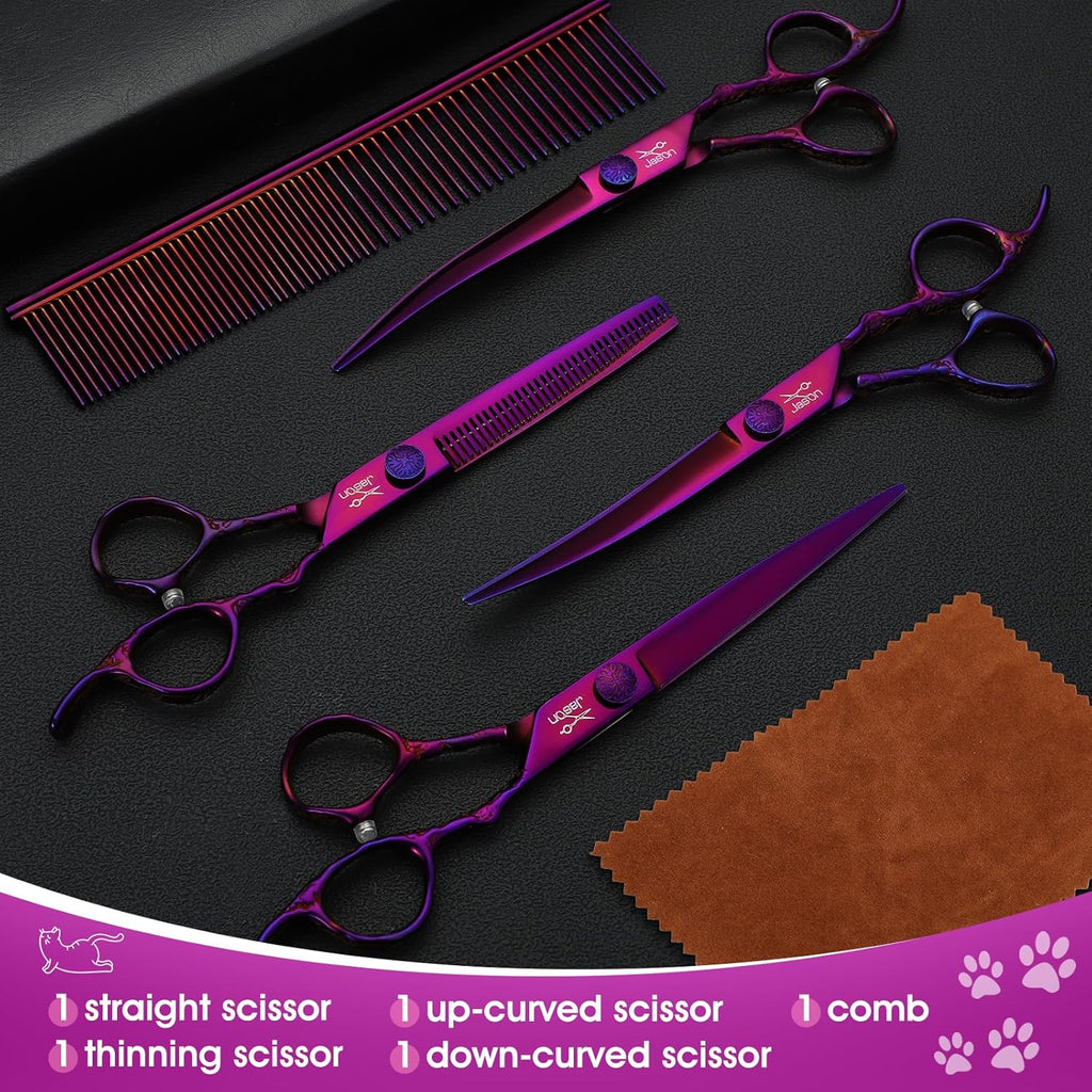 Ergonomic purple handles of JASON pet shears featuring noiseless muffler pads