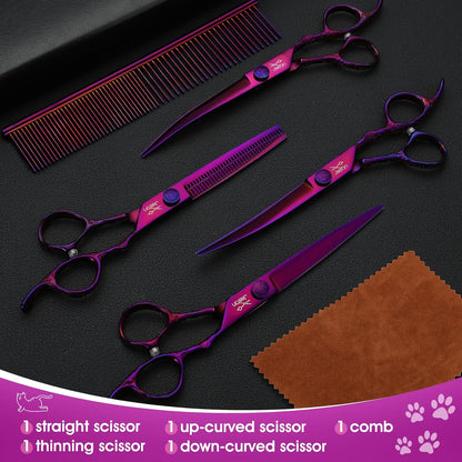 Ergonomic purple handles of JASON pet shears featuring noiseless muffler pads