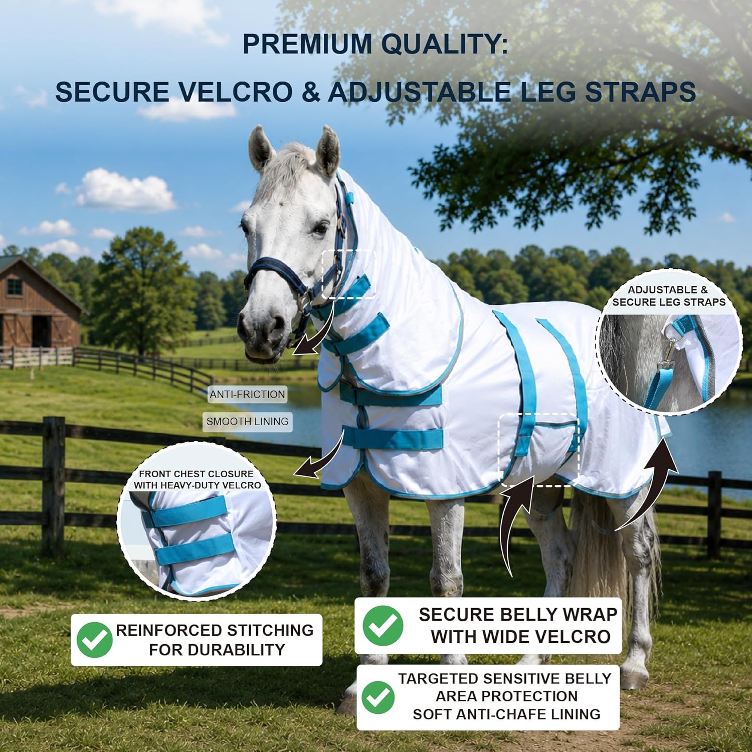 Gallopoff white summer fly sheet with turquoise piping detail