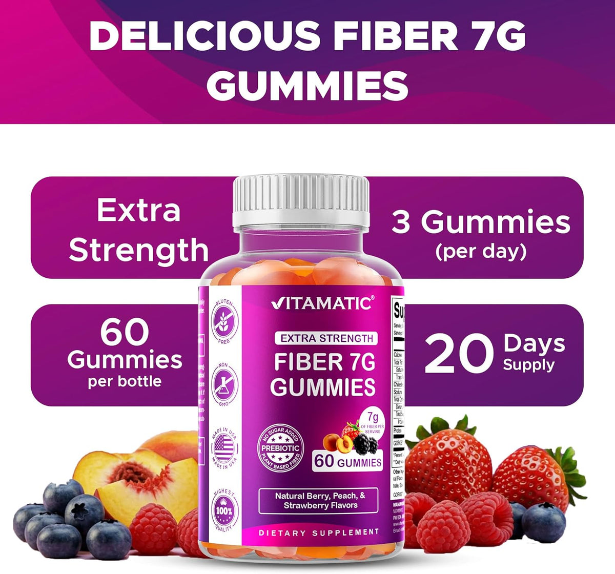 Vitamatic 7g fiber gummies ingredient highlights