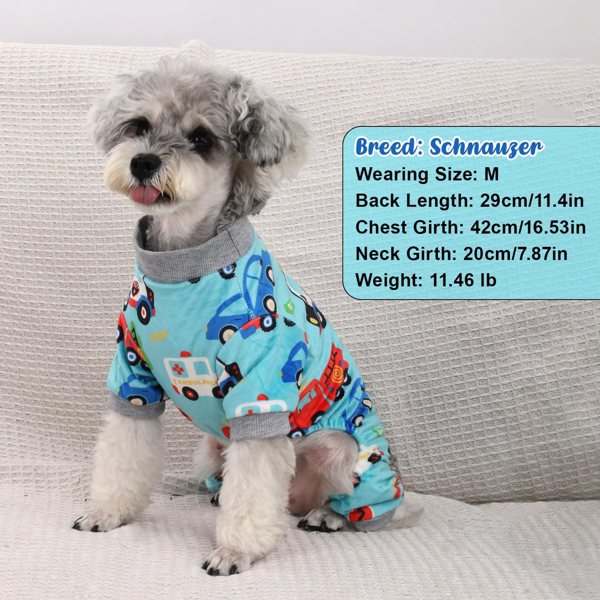 Side view of a medium sized dog wearing the breathable colorful pattern pet recovery suit onesie.