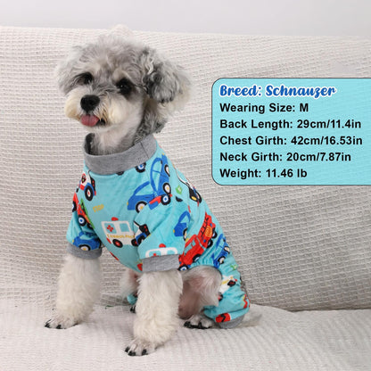 Side view of a medium sized dog wearing the breathable colorful pattern pet recovery suit onesie.